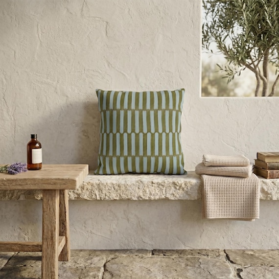 Olive Green Stripe Outdoor Pillow | Mint Blue Pattern – UV Resistant Patio Cushion
