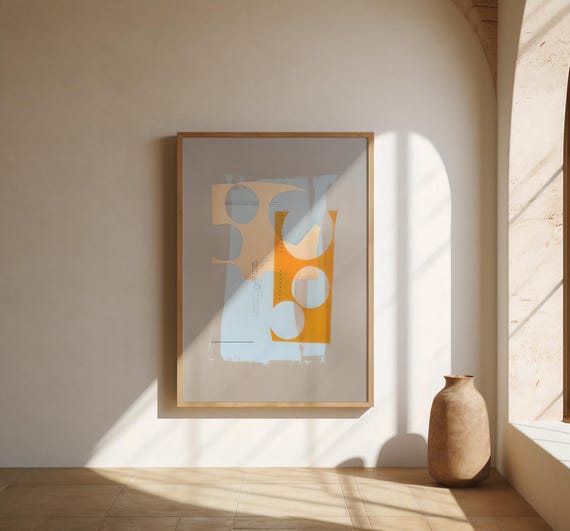 Soft Blue Abstract with Warm Golden Orange | Fine Art Poster