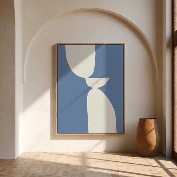 Blue and Cream Organic Wall Art | Stacked Shapes – Canvas or Framed Canvas