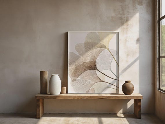 Minimalist Ginkgo Line Art · Neutral Botanical Framed Poster
