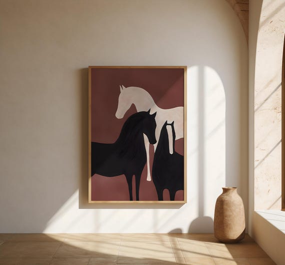 Black and Cream Horse Wall Art | Brick Red Trio – Fine Art Poster Print