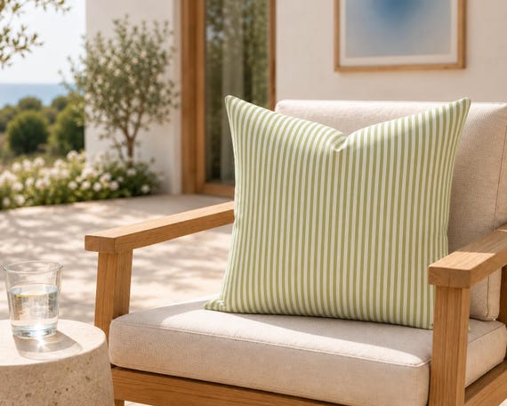 Olive Green Pinstripe Outdoor Pillow | Cream Stripe Pattern – UV Resistant Patio Cushion