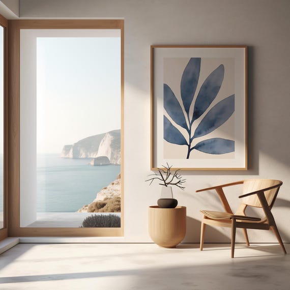 Blue Watercolor Botanical Art Print: Minimalist Indigo Leaf Poster (Unframed)