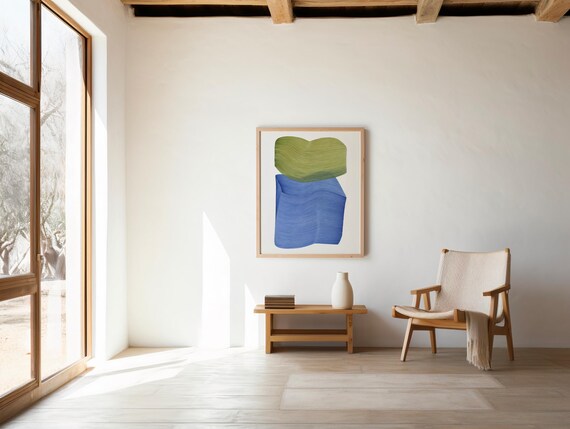 Minimalist Abstract Wavy Line Art: Green & Blue Organic Shapes - Digital Download