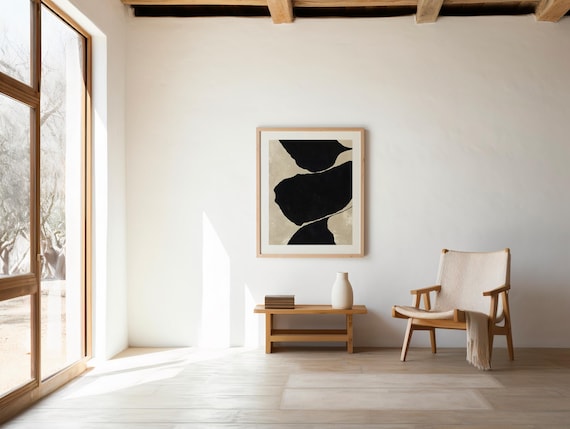 Abstract Black Shapes Minimalist Art Print | Neutral Beige Modern Wall Decor | Digital Download