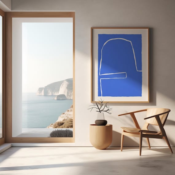 Cobalt Blue Minimal Line Artwork | Modern Abstract Wall Art | Framed Poster