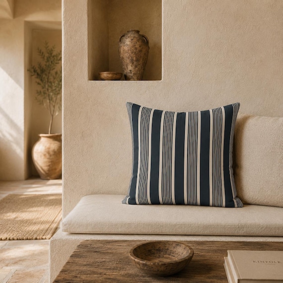 Navy and Off-White Stripe Outdoor Pillow | Classic Nautical Pattern – UV Resistant Patio Cushion