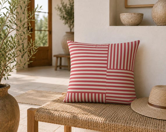 Rose and Cream Block Stripe Outdoor Pillow | Patchwork Pattern – UV Resistant Patio Cushion