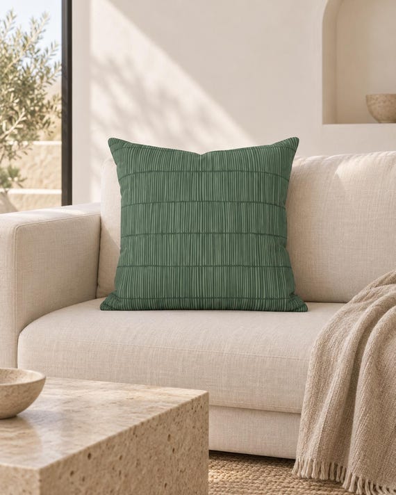 Dark Green Linear Outdoor Pillow | Fine Stripe Pattern – UV Resistant Patio Cushion