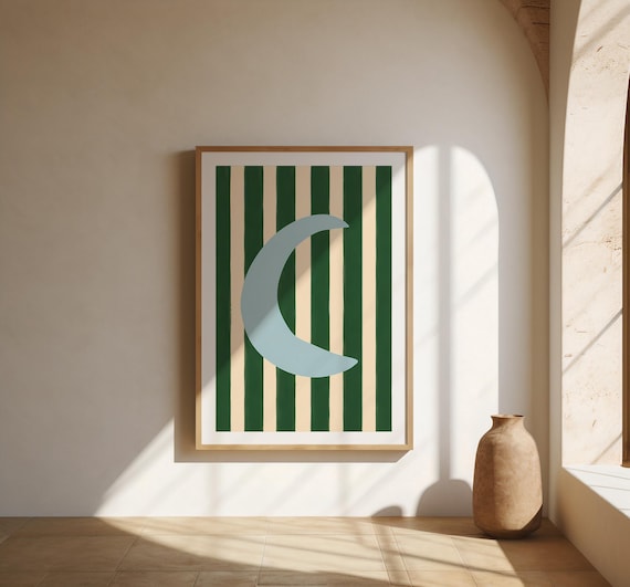Blue Moon Wall Art | Green Stripe Crescent – Fine Art Poster Print