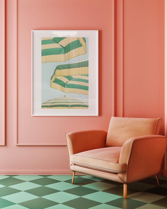 Minimalist Coastal Umbrella Art Print: Green & Yellow Beach Decor (Digital Download