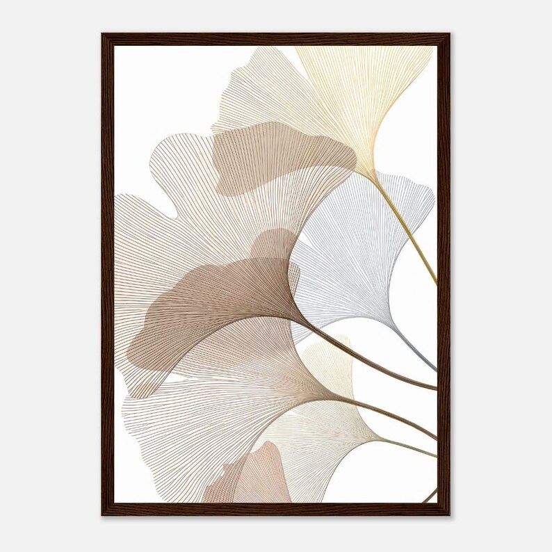 May include: Abstract art print featuring stylized ginkgo leaves in shades of brown, beige, and gold, set against a white background. The artwork is framed in a dark brown wooden frame, creating a modern and elegant aesthetic.