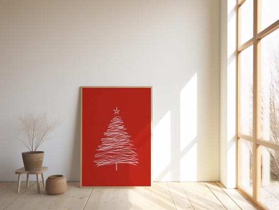 Minimalist Red Christmas Tree Art Print · Modern Holiday Wall Decor (Digital Download)