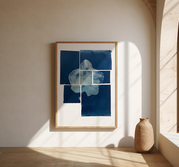 Deep Blue Abstract Floral Wall Art with Layered Indigo Tones – Fine Art Poster