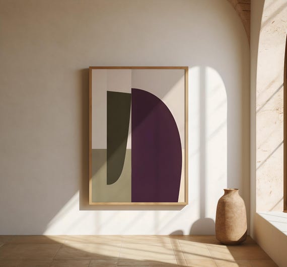 Modern Geometric Abstract Wall Art with Deep Plum and Olive Tones – Fine Art Poster