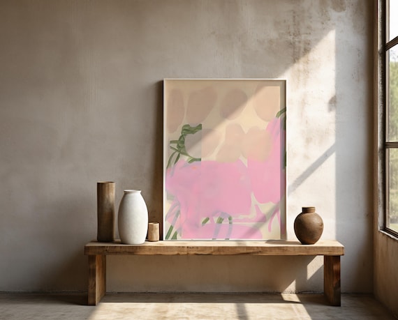 Soft Blush Sage Abstract Wall Art – Framed Poster