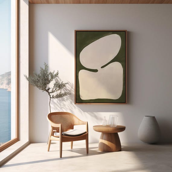 Minimalist Abstract Wall Art Digital Download – Organic Shapes in Olive Green and Cream
