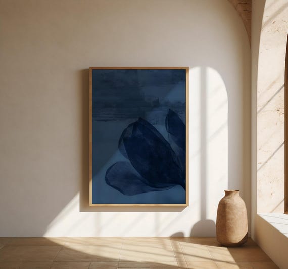 Deep Navy Blue Abstract Botanical Wall Art – Fine Art Poster
