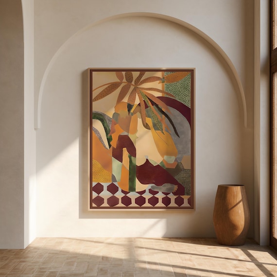 Boho Collage Figure Print | Earthy Tropical Maximalist Wall Art – Canvas or Framed Canvas