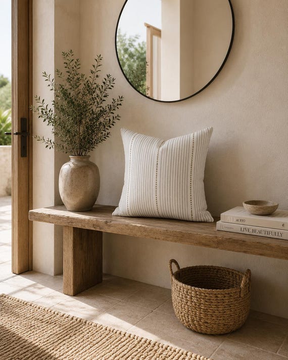 Grey and Cream Stripe Outdoor Pillow | Ticking Dot Accent – UV Resistant Patio Cushion