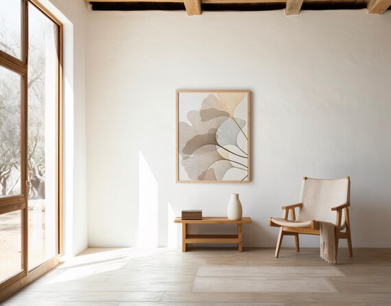 Neutral Ginkgo Leaf Print, Minimalist Japandi Wall Art (Digital Download)