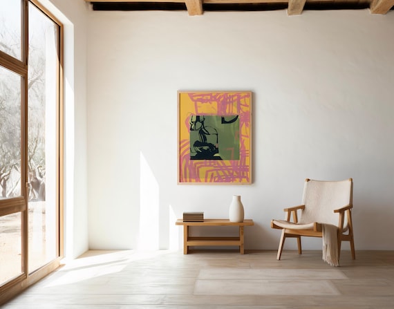 Pink & Yellow Abstract with Olive Green Accent | Digital Download