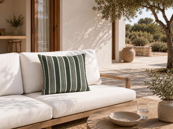 Forest Green Stripe Outdoor Pillow | Cream Cabana Pattern – UV Resistant Patio Cushion