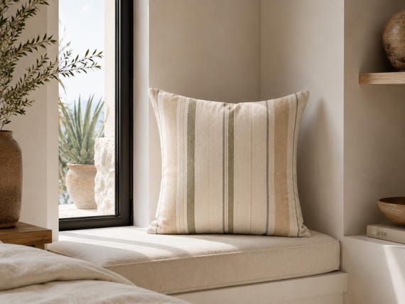 Striped Outdoor Pillow | Sage Tan Patio Cushion, UV Resistant Mediterranean Decor