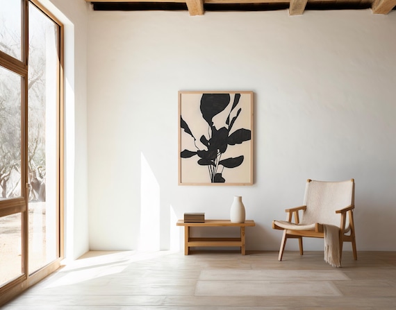 Black Botanical Silhouette Art – Minimalist Leaf Wall Art – Digital Download