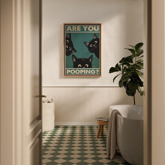 Funny Black Cat Bathroom Print: Retro Toilet Humor (Digital Download)