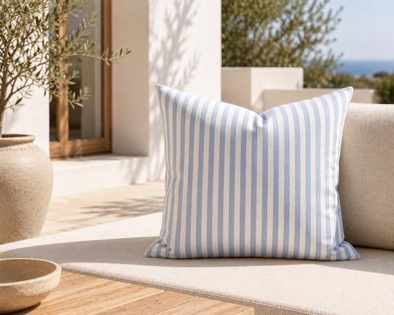 Powder Blue Stripe Outdoor Pillow | White Cabana Pattern – UV Resistant Patio Cushion