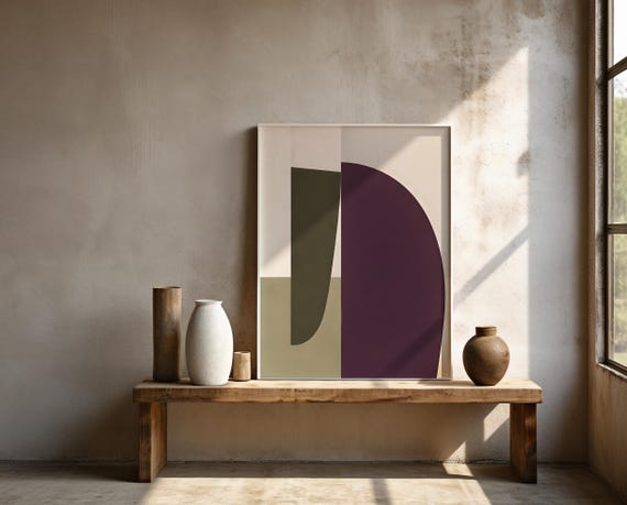 Modern Geometric Abstract Wall Art with Deep Plum and Olive Tones – Framed Poster