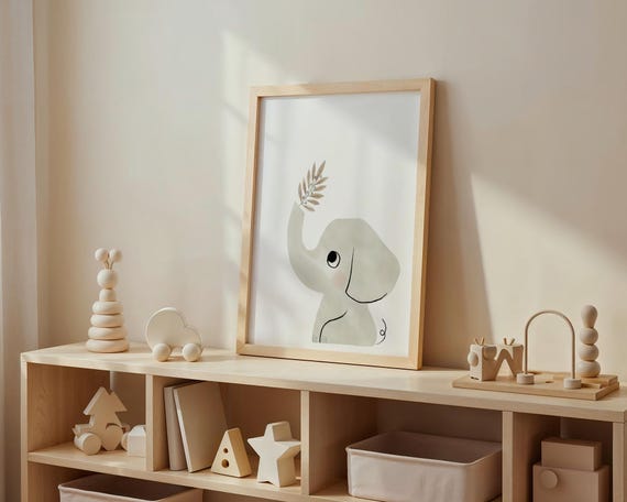 Sweet Elephant with Olive Branch Print | Neutral Nursery Art | Safari Baby Room Digital Download