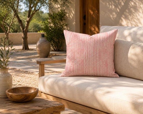 Blush Pink Mark Print Outdoor Throw Pillow | Abstract Dash Pattern - UV Resistant Patio Cushion