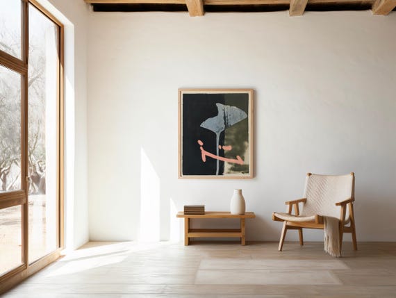 Modern Abstract Botanical Digital Download | Ginkgo Leaf Wall Art | Minimalist Blue and Coral Painting