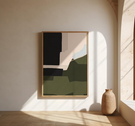 Black and Olive Green Wall Art | Geometric Mountain Abstract – Fine Art Poster Print