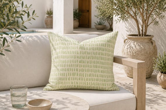 Sage Green Dash Outdoor Pillow | Cream Mark Pattern – UV Resistant Patio Cushion