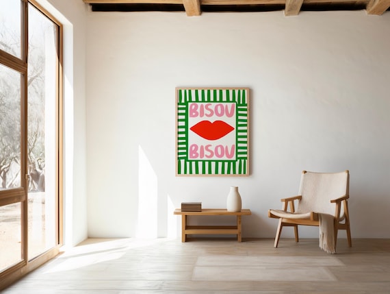 Bisou Bisou Print: Red Lips, Pink & Green Pop Art (Digital Download)