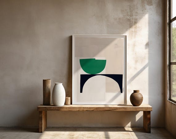 Abstract Geometric Wall Art | Green Neutral Modern Shapes | Framed Poster
