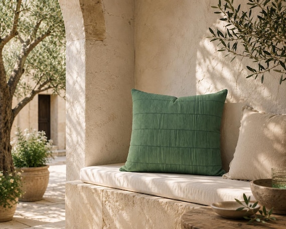 Dark Green Stripe Outdoor Pillow Forest Green Grid – UV Resistant Patio Cushion