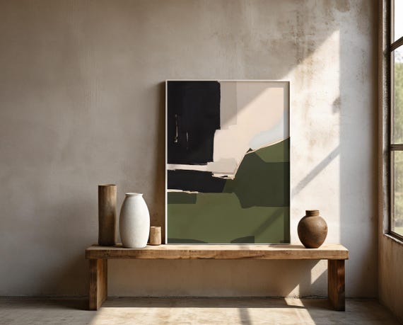 Green Black Neutral Abstract Modern Wall Art – Framed Poster