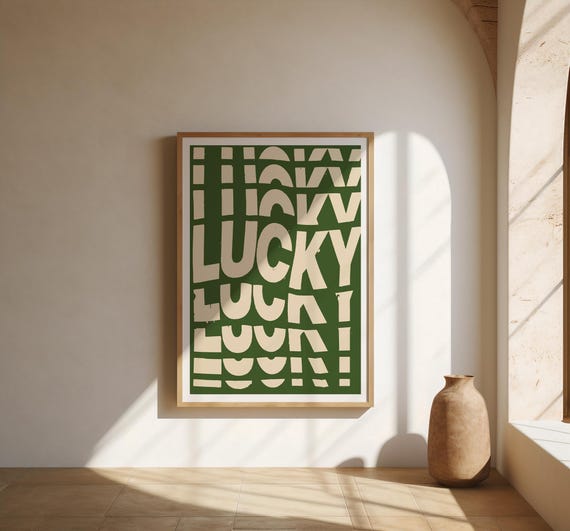 Lucky Typography Wall Art | Forest Green Cream – Fine Art Poster Print