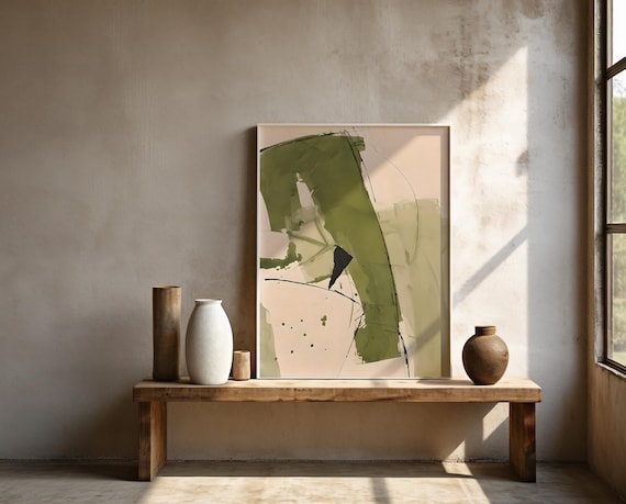Olive Green and Cream Wall Art | Abstract Brushstroke – Framed Poster | Ready to Hang