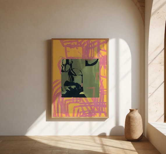 Pink & Yellow Abstract with Olive Green | Fine Art Poster