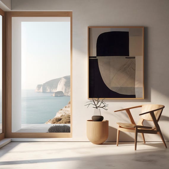 Geometric Navy & Beige Abstract | Minimal Modern Line Artwork | Digital Download