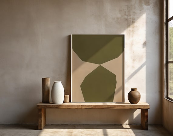 Olive Green Abstract Art | Modern Minimalist Shapes | Neutral Geometric Wall Decor | Framed Poster