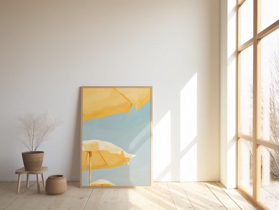 Minimalist Beach Umbrella Artwork: Sunny Coastal Canopy Digital Print for Summer Wall Decor