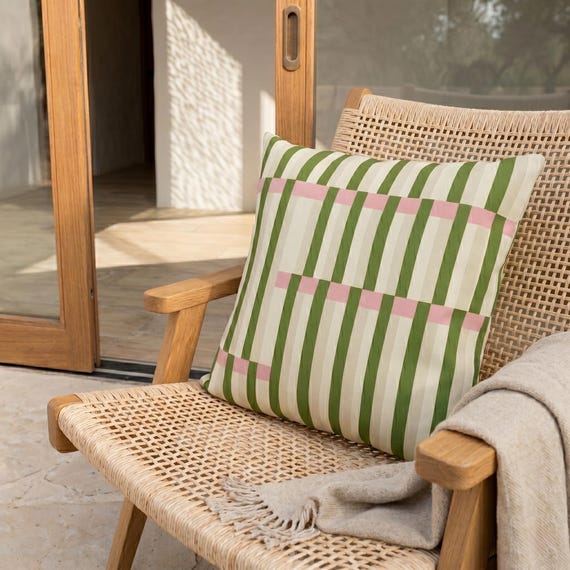 Green Pink Stripe Outdoor Pillow | Cream Grid Pattern – UV Resistant Patio Cushion