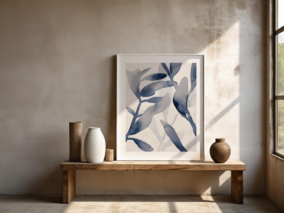 Framed Poster: Indigo Watercolor Botanical Leaves – Framed Wall Art Print