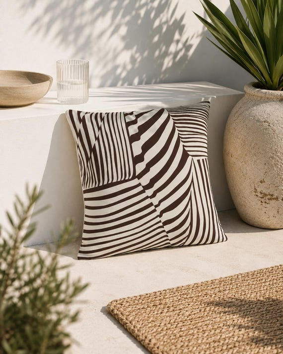 Chocolate Brown Stripe Outdoor Pillow | Bold Geo Pattern – UV Resistant Patio Cushion